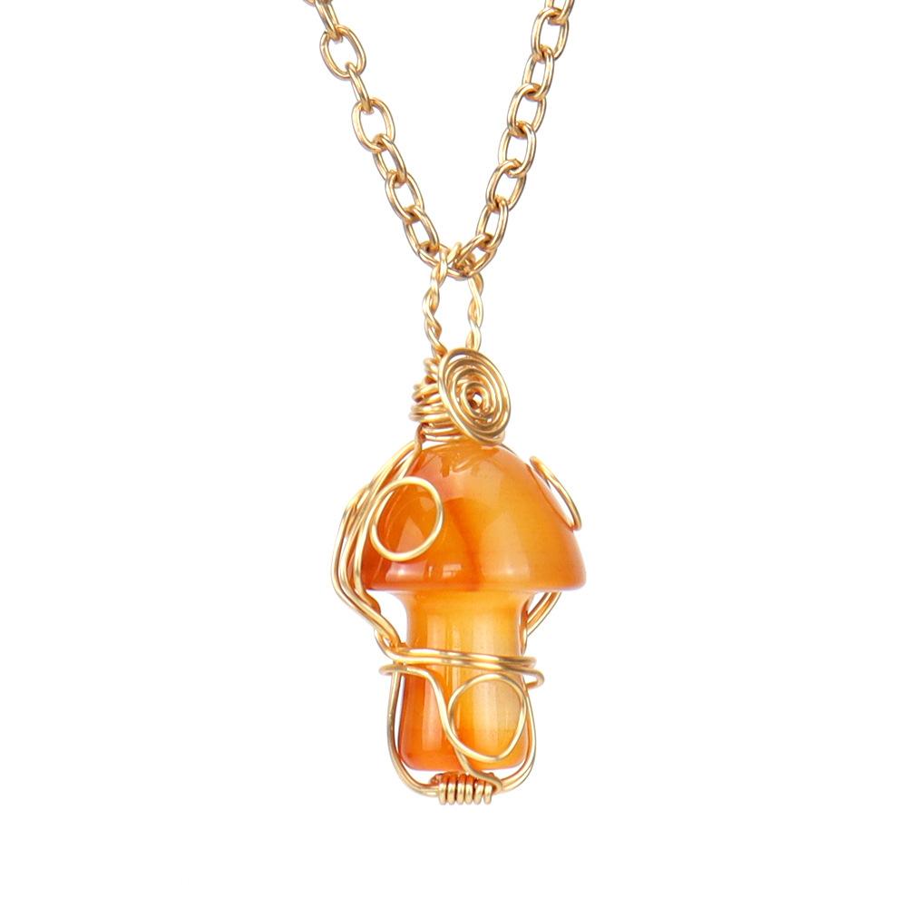 Handmade Gold Winding Crystal Tiger Stone Agate Small Mushroom Pendant Necklace Jewelry N588