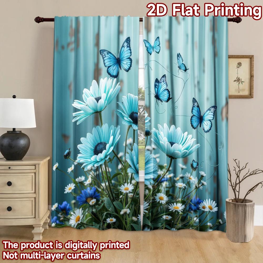 2D flat Photography Backdrop Scene Backdrop Blue Butterflies and Daisies 100% Polyester Family Party for Suitable for indoor