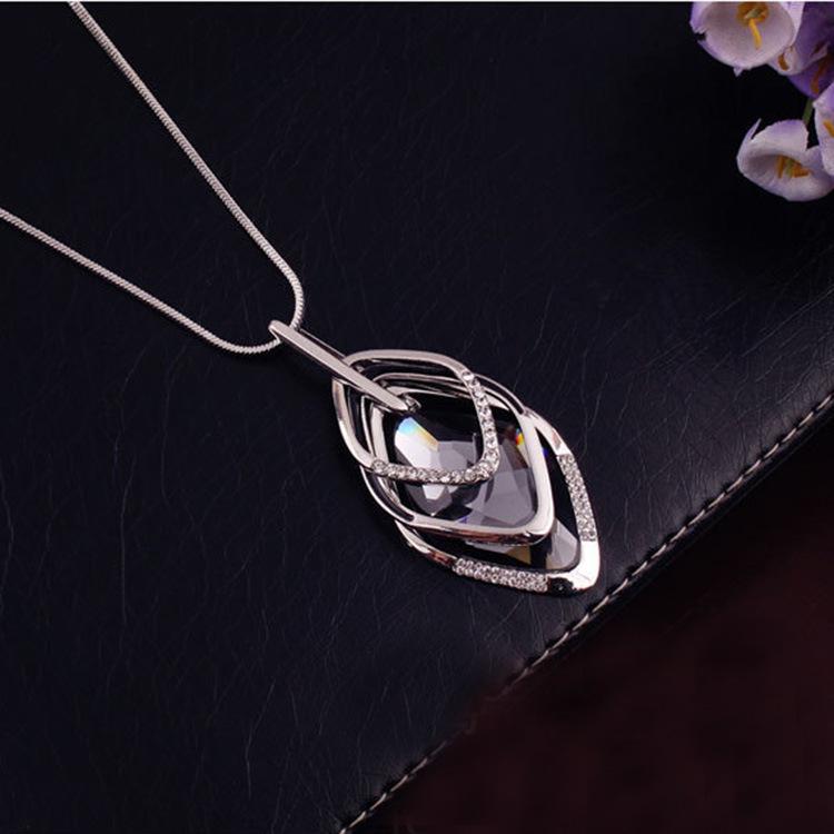 Rhombus Crystal Pendant Diamond Sweater Chain for Women - Korean Style Long Necklace, Autumn/Winter Light Luxury