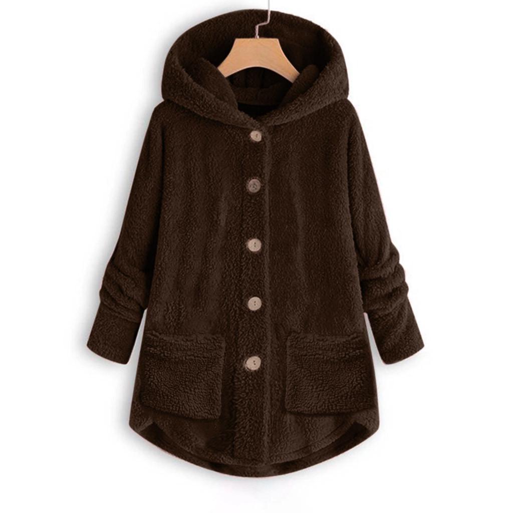 Women Plus Size Button Plush Tops Hooded Loose Cardigan Wool Coat Winter Jacket