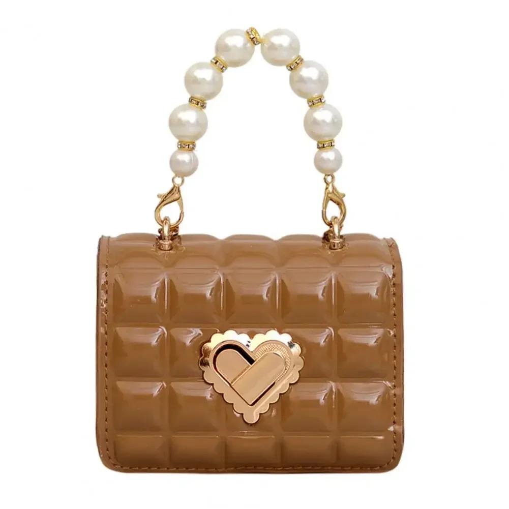 Women Handbag Faux Pearl Handle Golden Love Heart Detachable Metal Chain Mini Elegant Girl Single Shoulder Bag Purse Cute Wallet