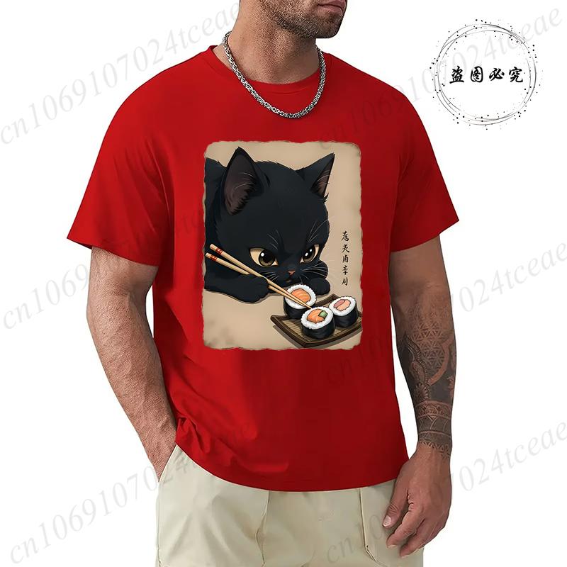 T Shirt for Men Black Cat Sushi Printed Men Fashion Style Design Clothing Anime Cat Cartoon Men TShirt Casual Tees Short Sleeve