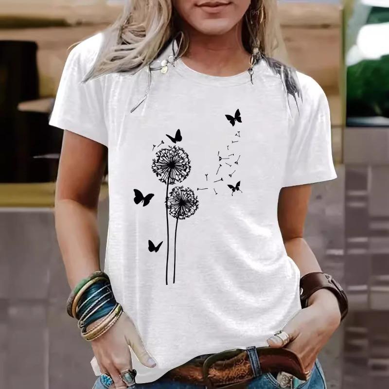 Dames T-shirt met paardenbloempatroon, ronde hals, korte mouwen, casual en modieus