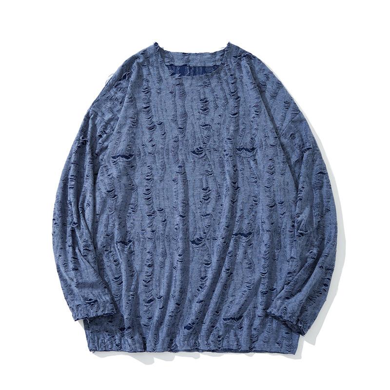 Höstig trasig t-shirt långärmad lös tonårst-shirt trendig basplagg lös topp