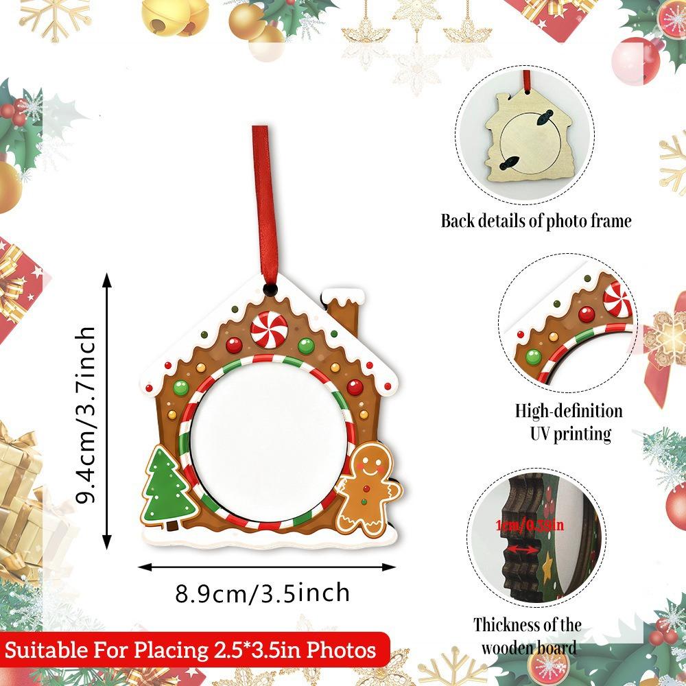Flat Design Christmas Photo Frame Hanging Rope Bulk Set Wooden Picture Ornament 2D Style Wood Material Xmas Tree Decoration