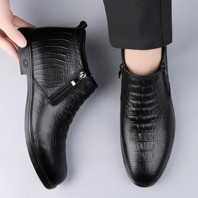 Fashion Winter Plush Genuine Leather Chelsea Men Boots Leather Men Designer Ankle Boot Fashion Casual Business Formal Boots Cowboy Boots