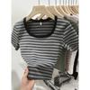 Right Shoulder Striped Square Neck Short-sleeved T-shirt for Women Summer New Slim Fit Sweet and Spicy Temperament Versatile Short Top