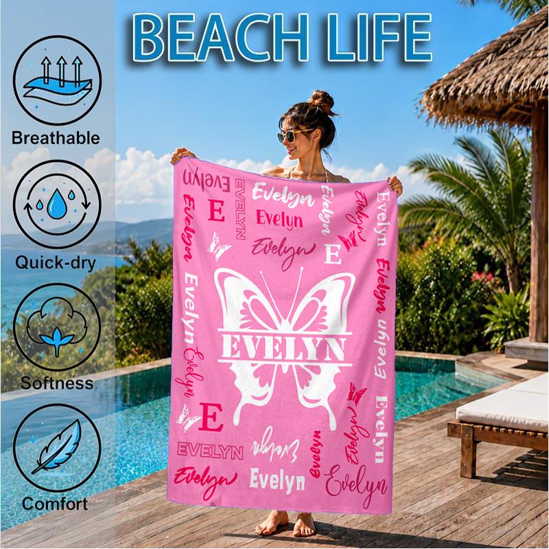 Custom Name Your Name Art Design Beach Towel Microfiber Beach Towel, Lightweight and Quick-Dry, for Summer Travel, Swimming Pool Gift