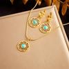 Ladies Retro Circular Turquoise Necklace Earring Jewelry Set 2 In 1
