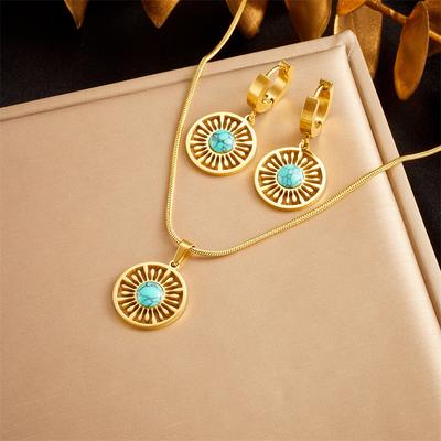 Conjunto de Joias Retro Circular Turquesa para Mulheres Brincos Colar 2 em 1