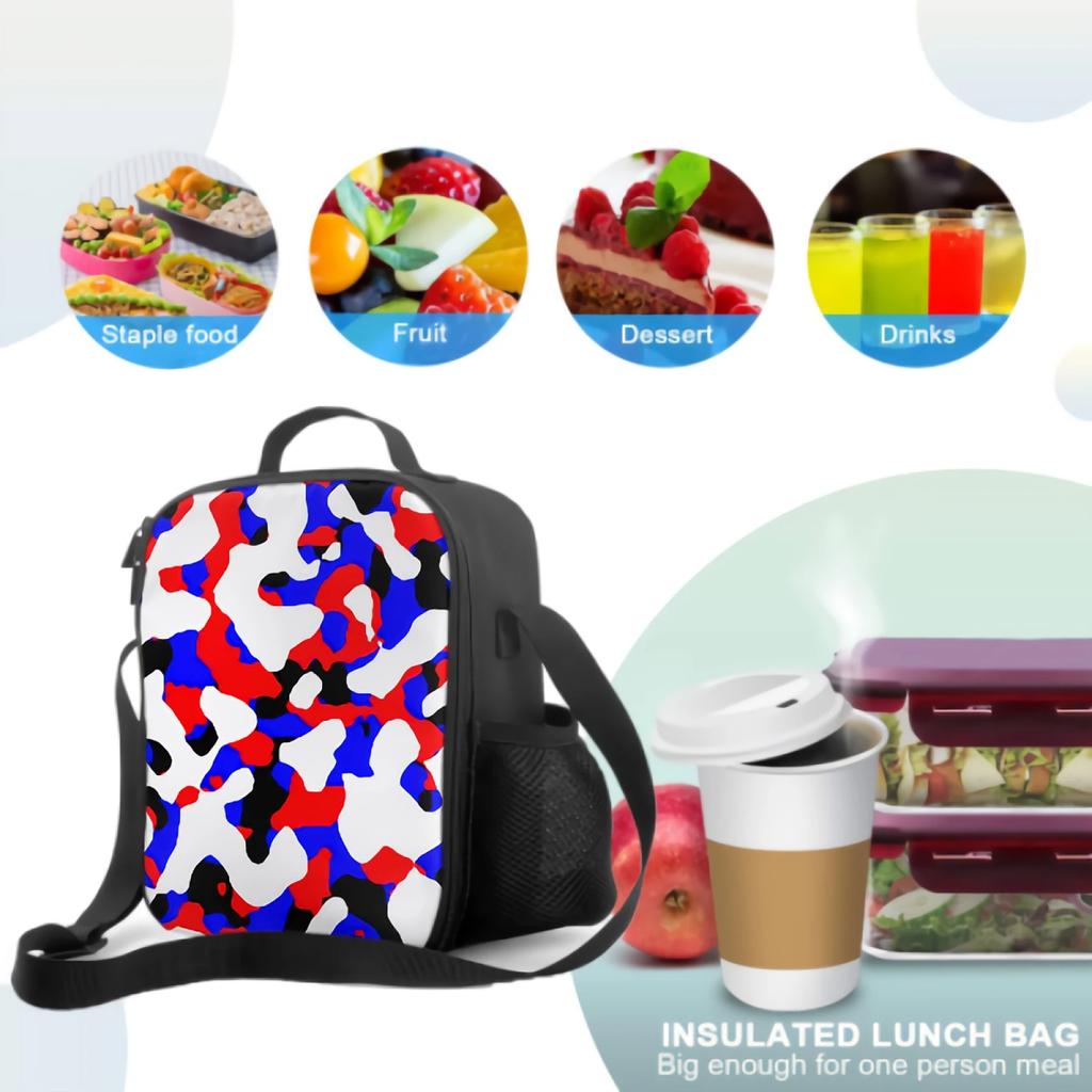 Blue Red White Black Camo Insulated Lunch Bag for School Office Picnic Colorful Camouflage Geometric Print Cooler Tote Lunch Box