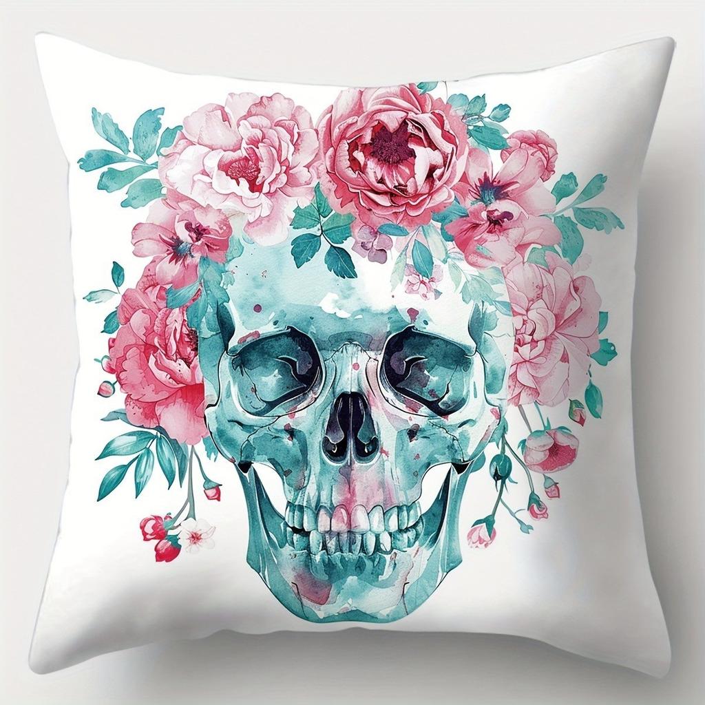 Watercolor Skulls With Floral Patterns Pillow Covers Pattern Cushion Cover Suitable For Sofa Bedroom Car Pillow Cover