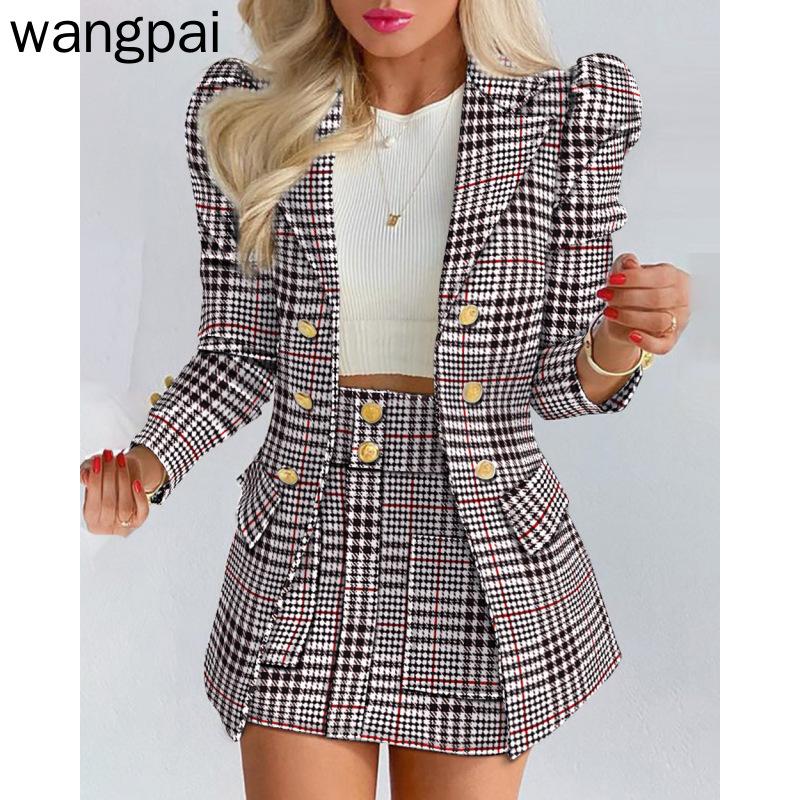 Zweiteiliges Set für Damen, Herbst und Winter, lässig, langärmelig, Anzugjacke, bedruckter Rock