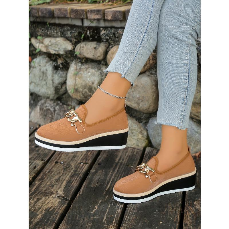 Women's Wedge Slip-On Loafers With Chain Detail, Comfortable Work Shoes, Available In Large Sizes.