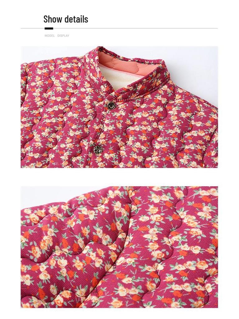 240 Jin Plus Size Velvet-Lined Cotton Jacket for Autumn/Winter - Stand Collar, Loose Fit for Middle-Aged & Elderly Women