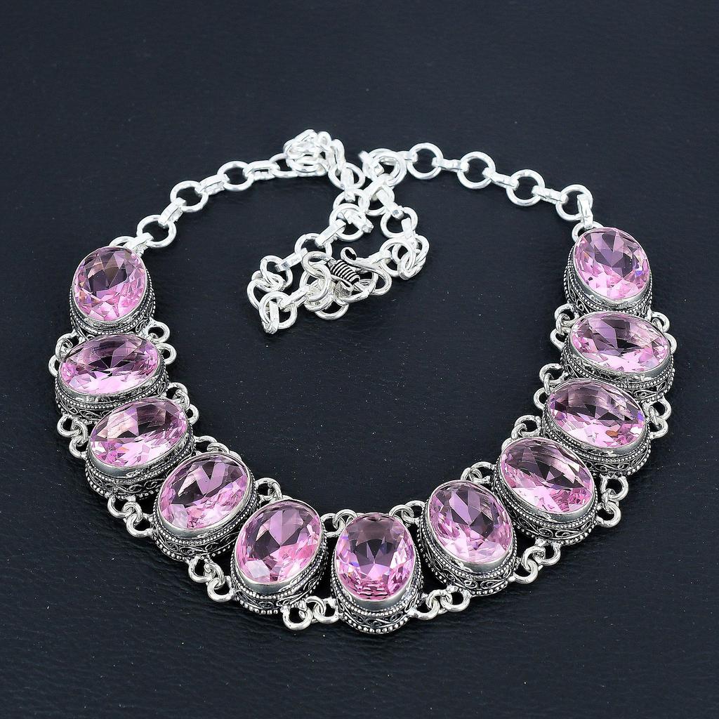 Dainty Pink Kunzite Gemstone Handmade 925 Sterling Silver Jewelry Pink Kunzite Neclace Bracelet Set, Antique Jewelry Set, Bracelet Party Wear Gift