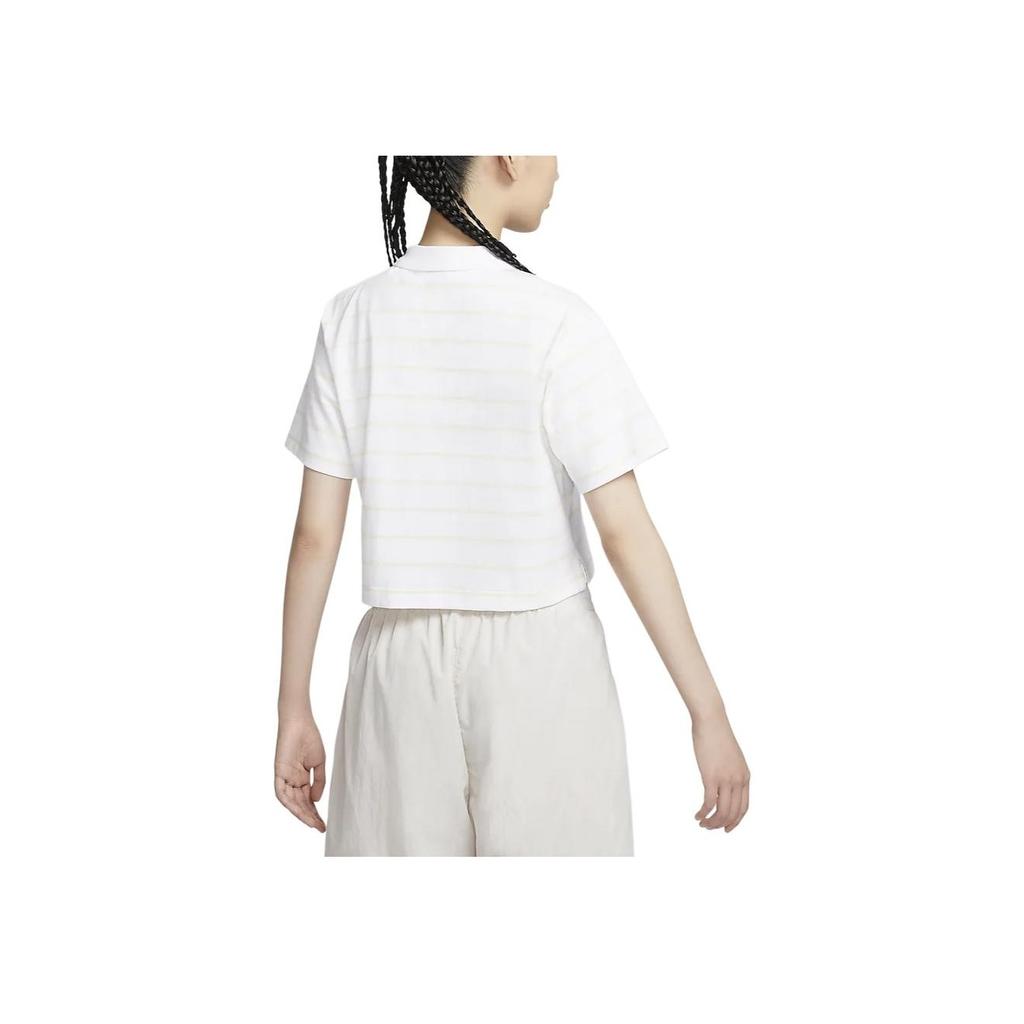 Nike Sportswear Logo Embroidered Striped Pattern Polo Neck Short Sleeve Drop Shoulder T-Shirt Women T-Shirts White HM4649-100