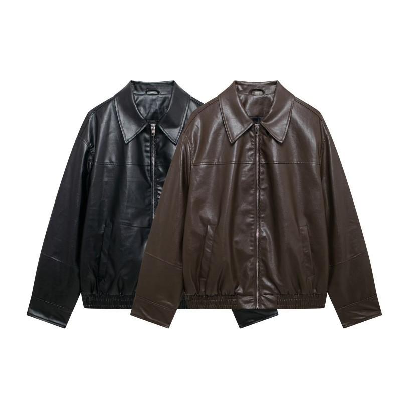 Womens Loose Faux Leather Aviator Jacket Streetwear Trendy Zip-Up Coat Black Brown
