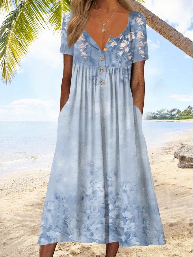2026 Spring V-Neck Button Short-Sleeve Maxi Dress with Pockets