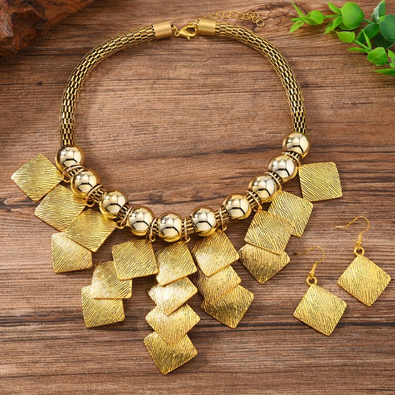 2 PCS European American Fashion Geometric Square Metal Necklace Earring Set Vintage Statement Choker Accessories