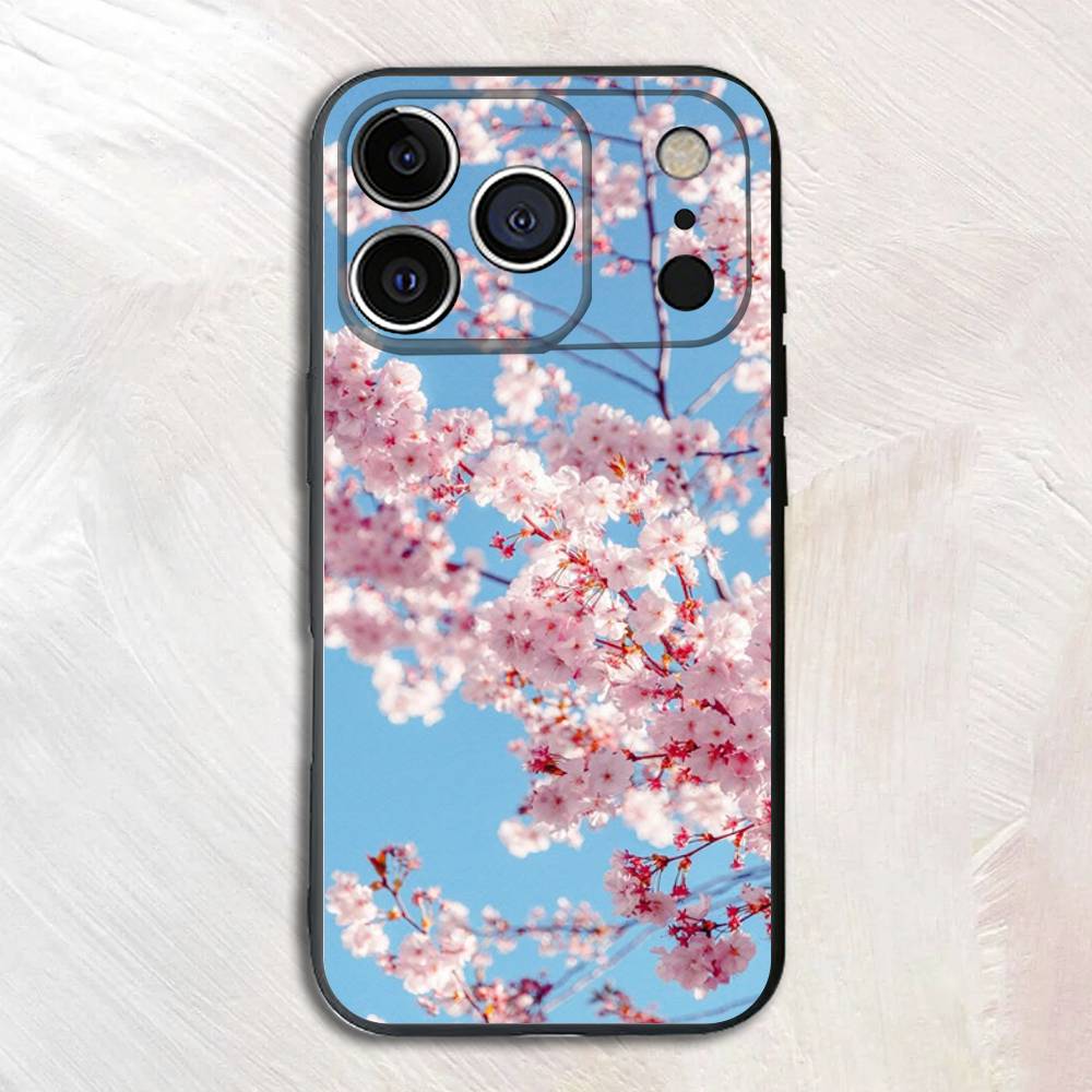 

Черные Матовые Чехлы для Телефона с Вишневыми Цветами Для iPhone 17,16,15,14,13,12,13,12,11 Pro Max Plus mini XS XR Силиконовые Мягкие Задние Крышки iPhone16