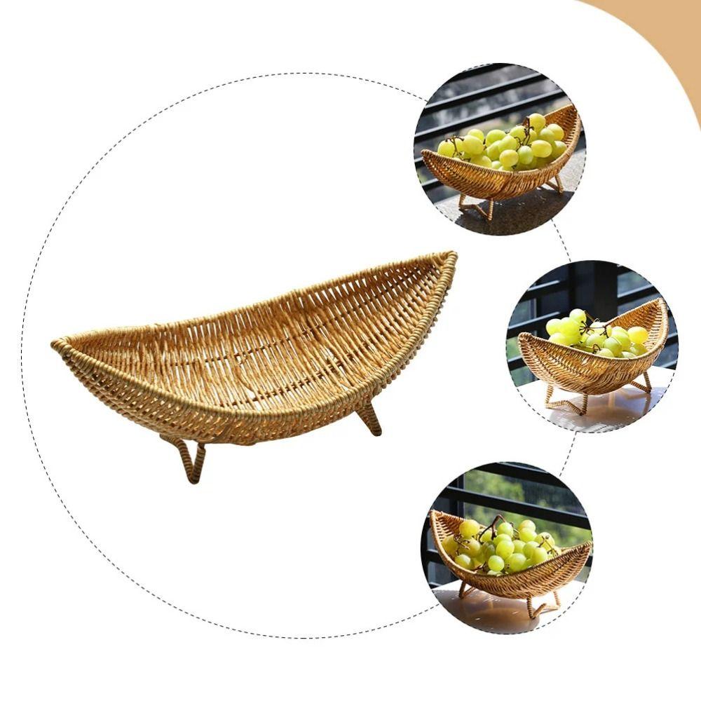 Boat Shape Woven Snacks Serving Tray Handwoven Plastic Braided Fruit Organizer Food