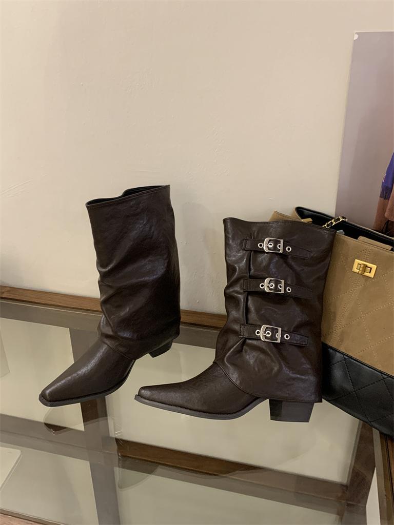 Cowhide Version Pointed Middle Boots Women's Autumn and Winter New Belt Buckle Thick Heel Knight Pleated Pile Boots Leather Thin Boots