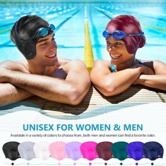 KNK Silicone Swim Cap for Mens & Women with Long Hair, 3D Ear Cover, Nose Clip & Ear Plugs Set (Pink)