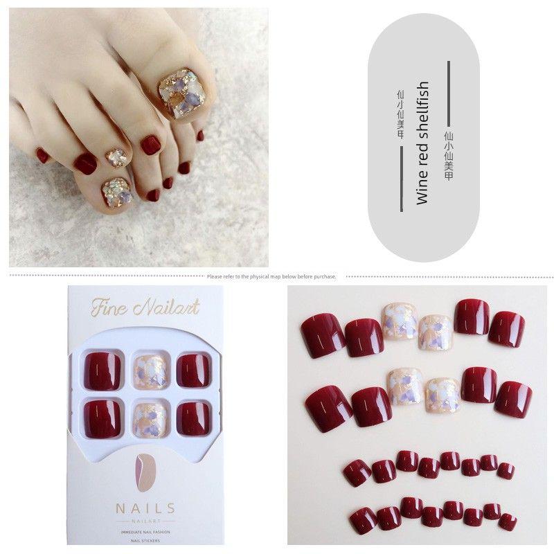 

Spring Oil Painting Flower Toe Wear Nail Elegant Vintage Small Floral Feet Fake Nail Tip Finished Product White Nail Stickers 227-wine red shellfish