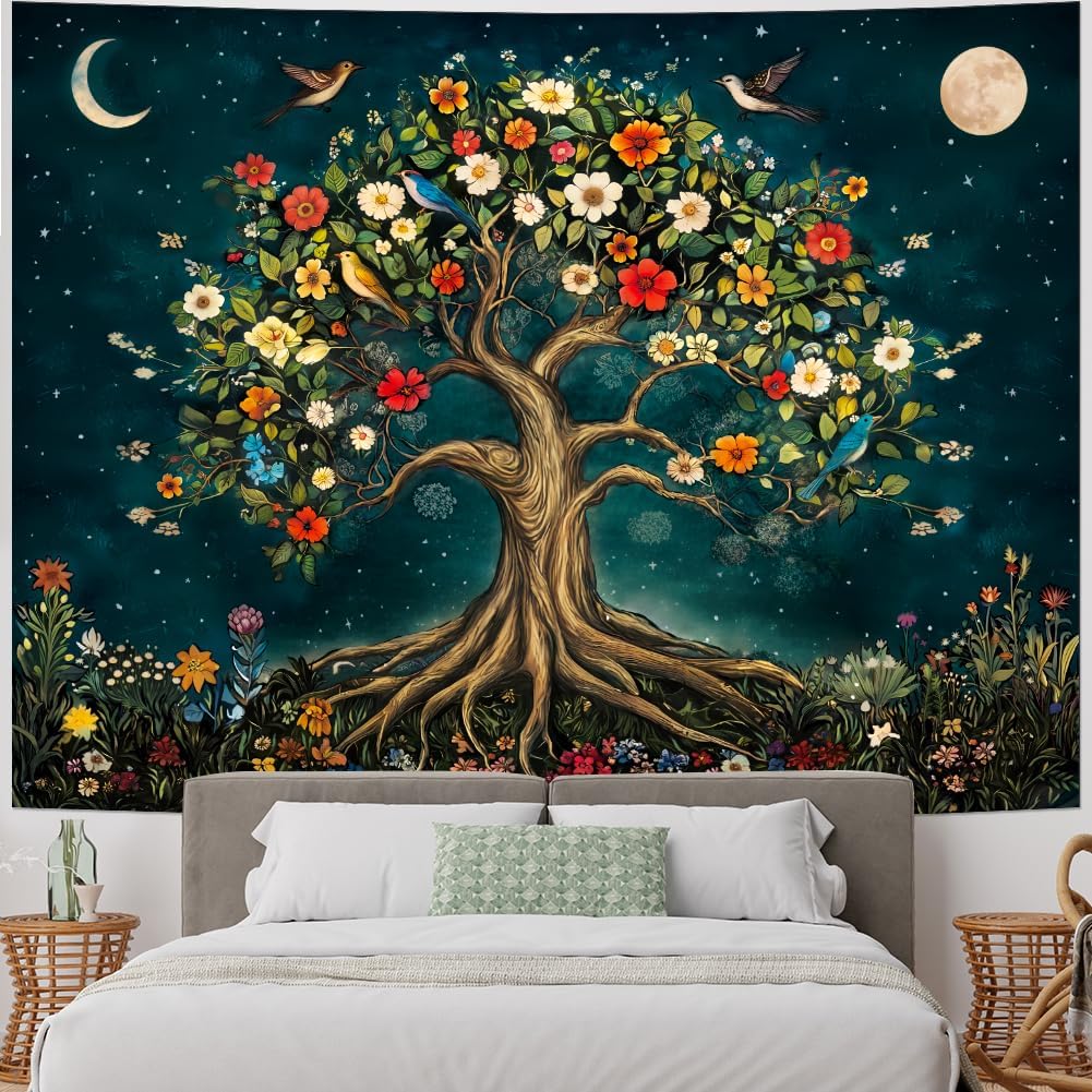 Amtoodopin Tree of Life Tapestry Mystic Boho Flowers Tapestry Vintage Aesthetic Tree Wall Tapestries Retro Nature Floral Plants Tapestries Wall
