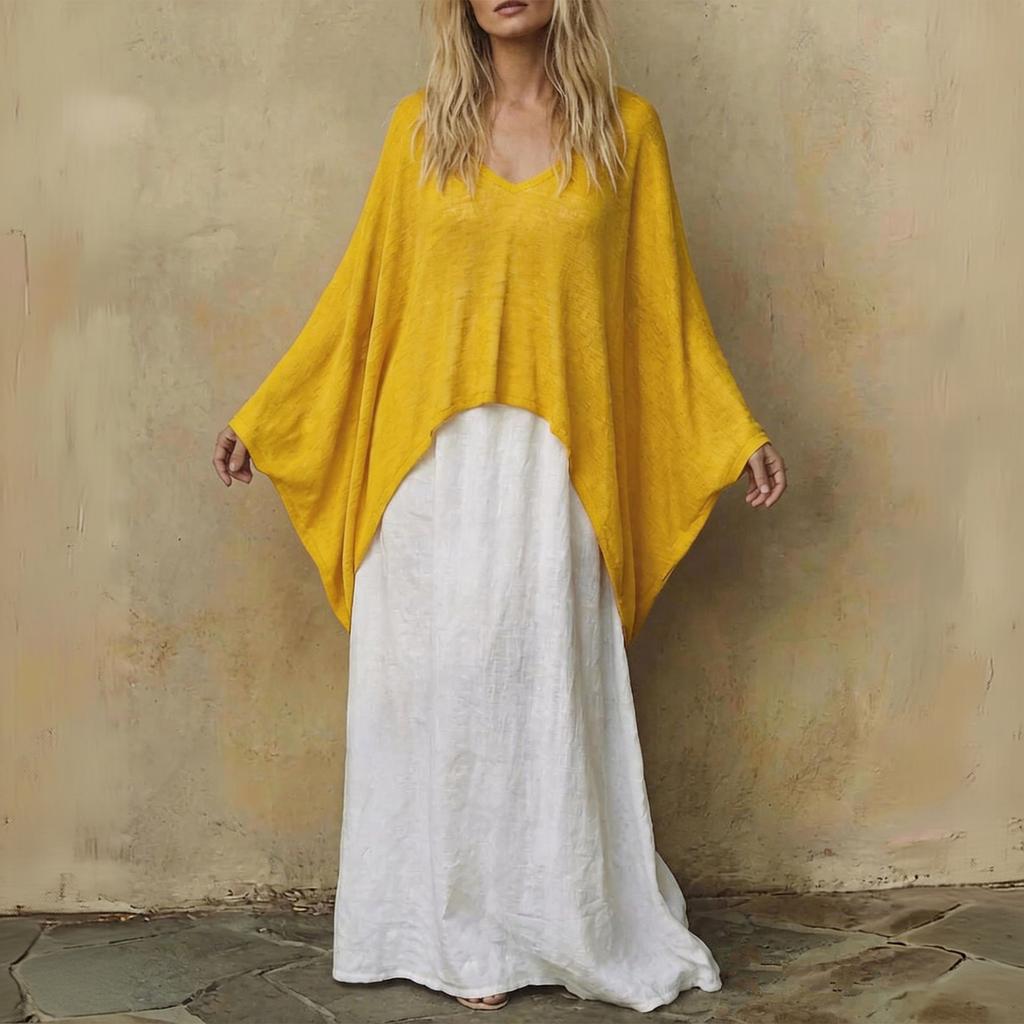 Women's Color V-Neck Long Sleeve Cape Top and Loose Fit Dress Two-Piece Set