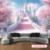 One 2D Flat Fantasy Princess Castle Background Banner - Pink Cherry Blossoms and Red Staircase Design Made of Polyester Fabric