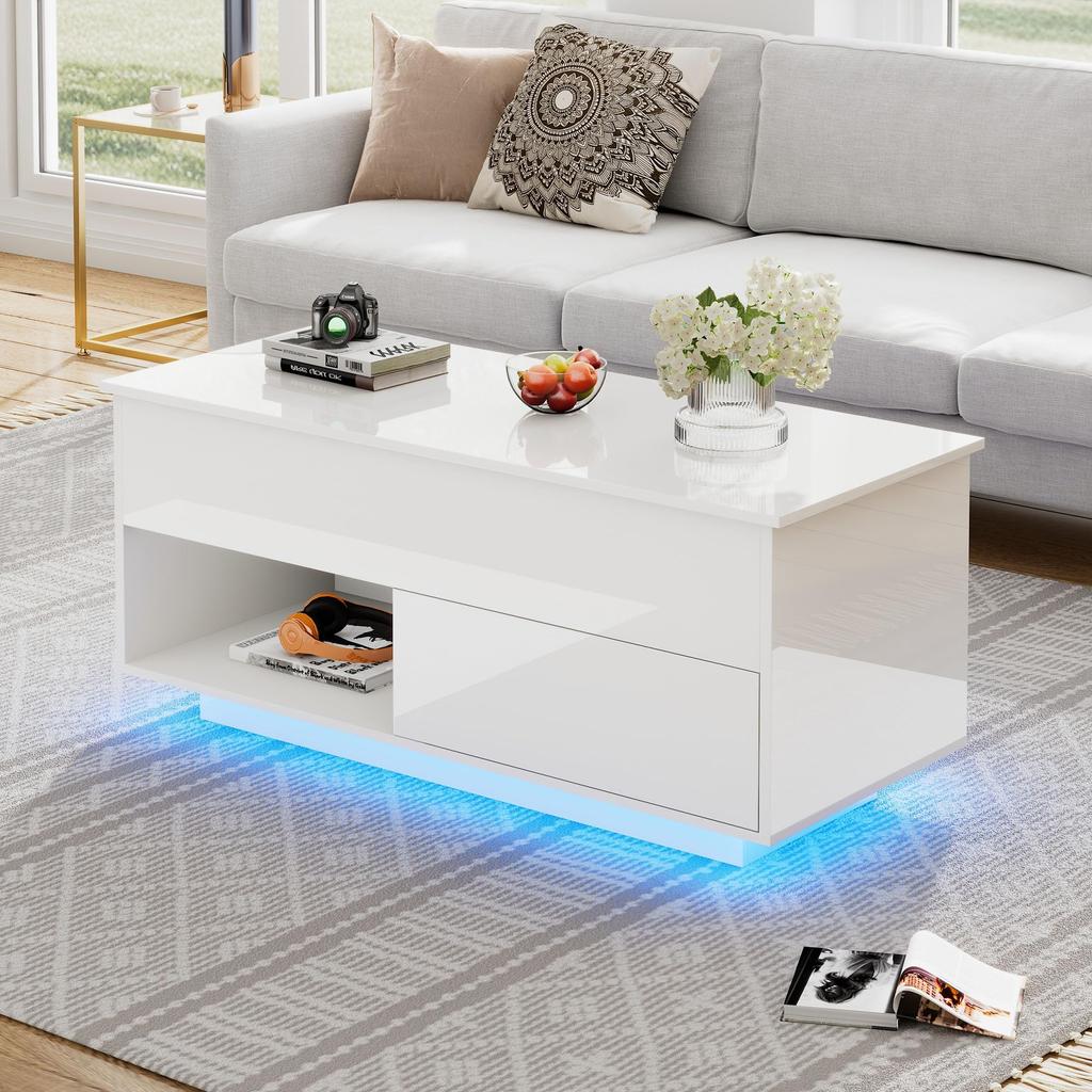 Couchtisch, Wohnzimmertisch Kaffeetisch Schubladen, offener versteckter Stauraum, Sofatisch aus Holz, Beistelltisch Wohnzimmer, Büro, Weiß