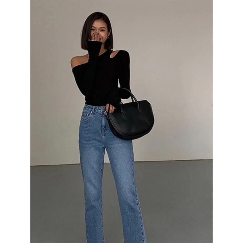 Mode Schrägen Kragen Off-schulter Langen ärmeln T-shirts Frauen Frühling 2024 Neue Solide Slim Fit Crop Top Sexy aushöhlen Tees Shirts