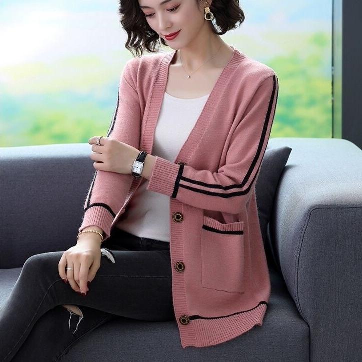 Dzianinowy sweter kardigan dla kobiet na jesień i zimę z dekoltem w serek, dzianinowy płaszcz, luźny sweter płaszcz o średniej długości