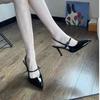 2025 autumn and winter new black patent leather pointed head shallow mouth high heels women's stiletto sandals professional sandals sexy single shoes