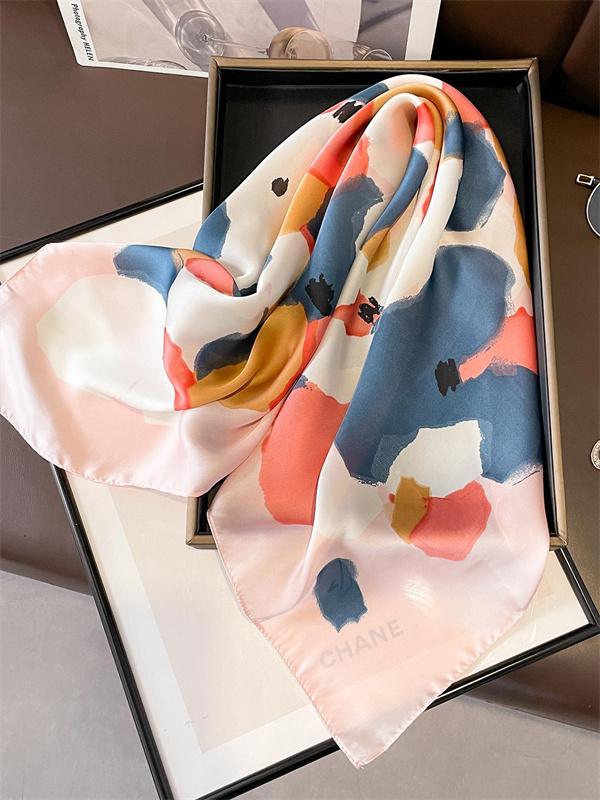 Low-key luxury womens headscarf is a must-have for spring and summer Imitation silk printed square scarf is fashionable 2024