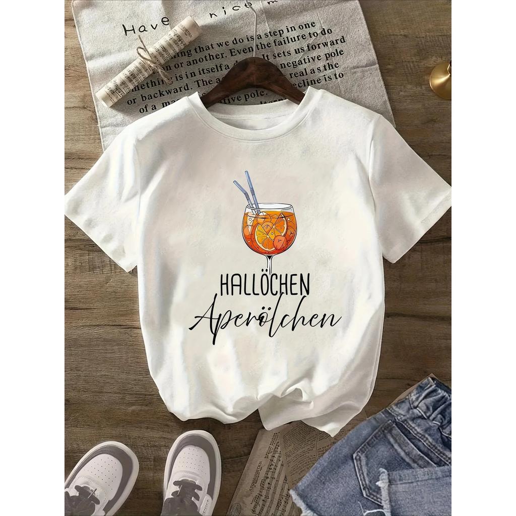 Unisex Kurzarm T-Shirt Mit Orangefarbenem Grafik Hallochen Aperol Spritz Print Weiß Passform Sommer Ärmel Harajuku Streetwear