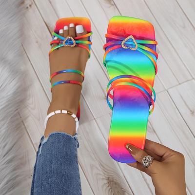 Summer Trend Women Slippers Multicolour Flat Love Buckle Non-slip Outdoor Square Toe Open Toe Beach Female Sandals Woman Shoes