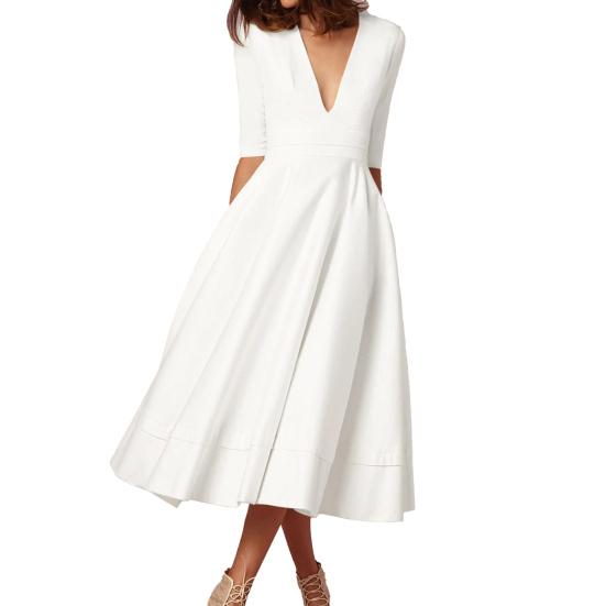 Dame Midi-kjole Dyp V-hals A-linje Flowy Hem Ensfarget halve ermer Ren farge Datingkjole Prom Party Bankett Aftenkjole