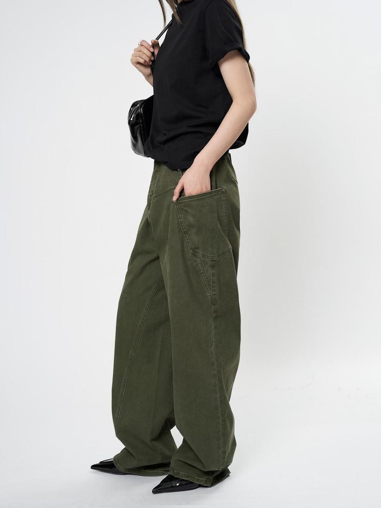 Louvre Spring Retro Low-Waist Loose-Fit Slim Green Women's Overalls
