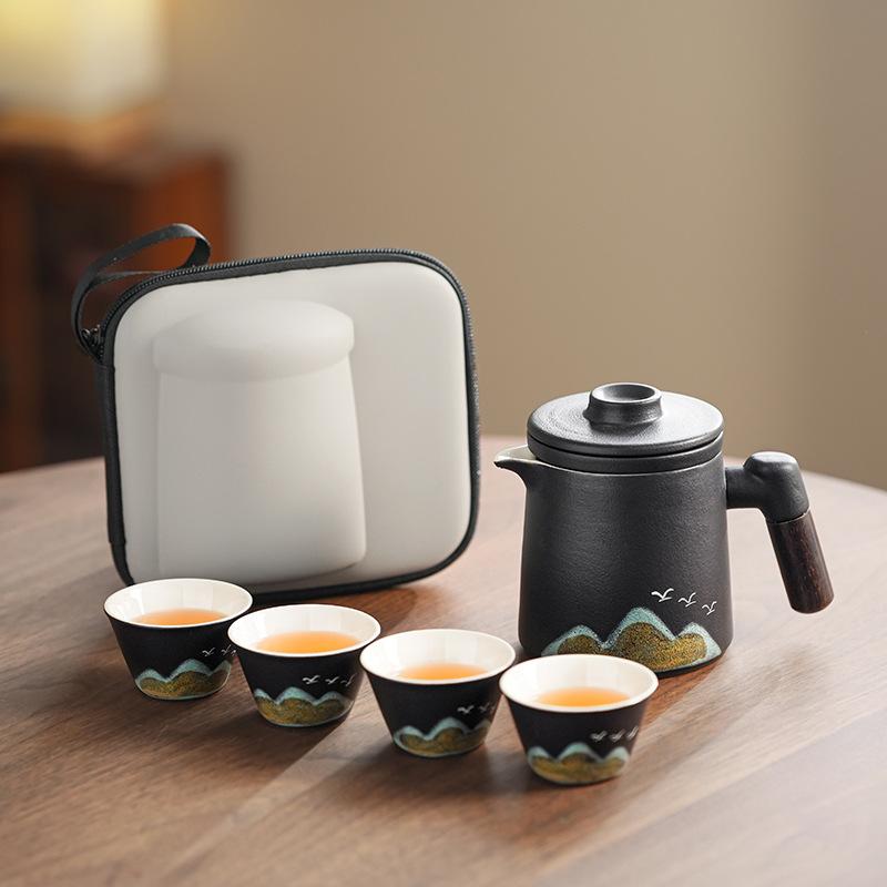 

Travel tea set office wooden handle anti-scalding high-value Qingshan Flying Bird outdoor coarse pottery Kuaike cup high-end gifts