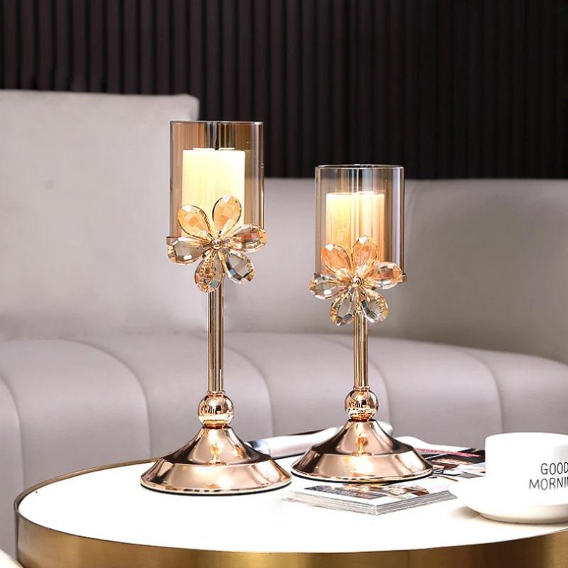 European Crystal Flower Metal Candle Holder, Vintage Romantic Candlelight Decor Stand