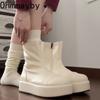 Winter Chunky Elastic Slim Woman Ankle Boots Fashion Platform Flats Shoes Female Cosy Soft Leather Mordern Short Booties