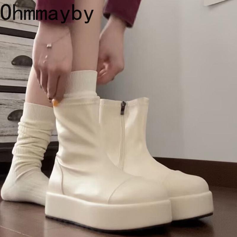 Winter Chunky Elastic Slim Woman Ankle Boots Fashion Platform Flats Shoes Female Cosy Soft Leather Mordern Short Booties