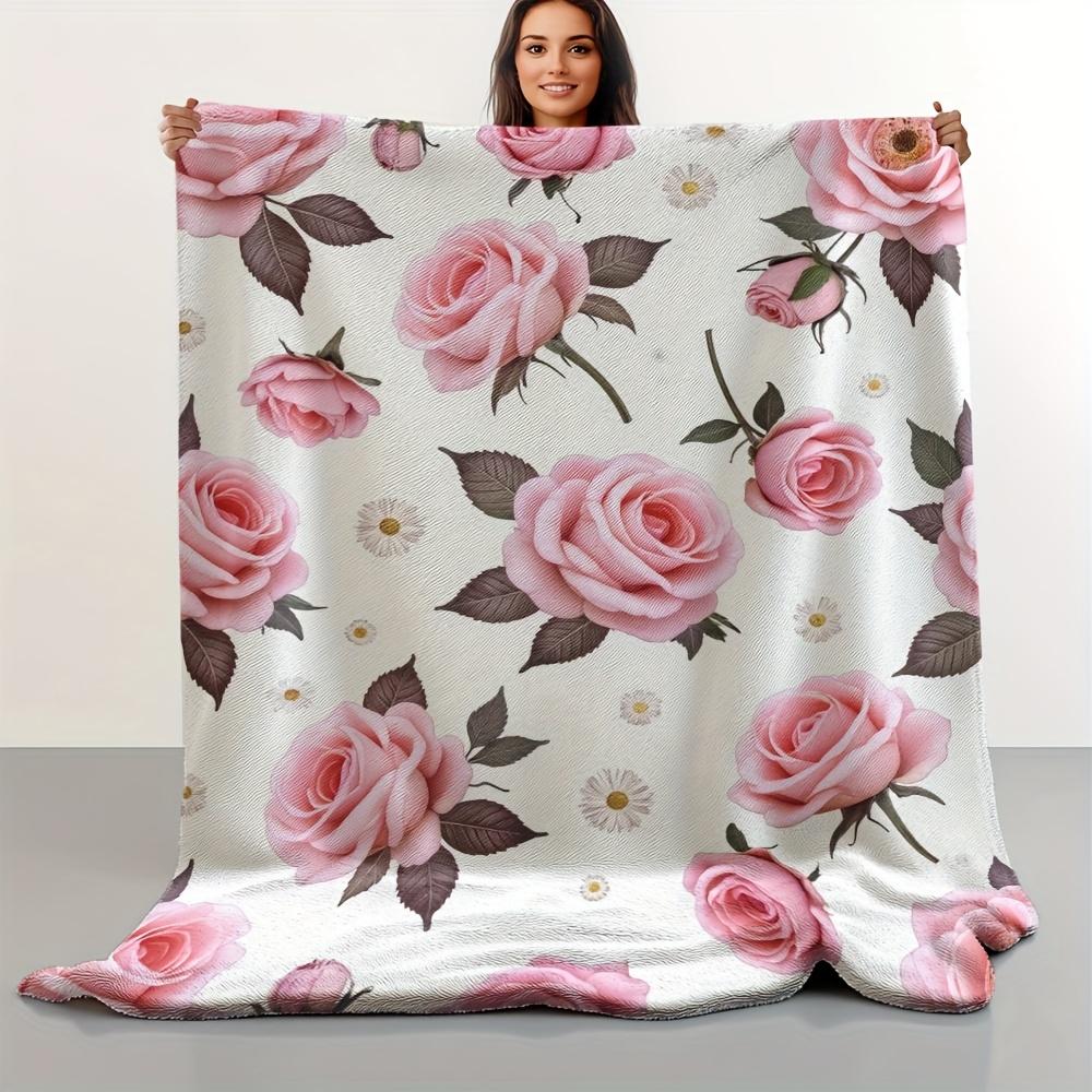 [Flannel Throw Blanket] 1pc Ultra-Soft Flannel Throw Blanket - Twin Size Vintage Romantic Roses & Daisies Print, Pink Floral on 75X95CM