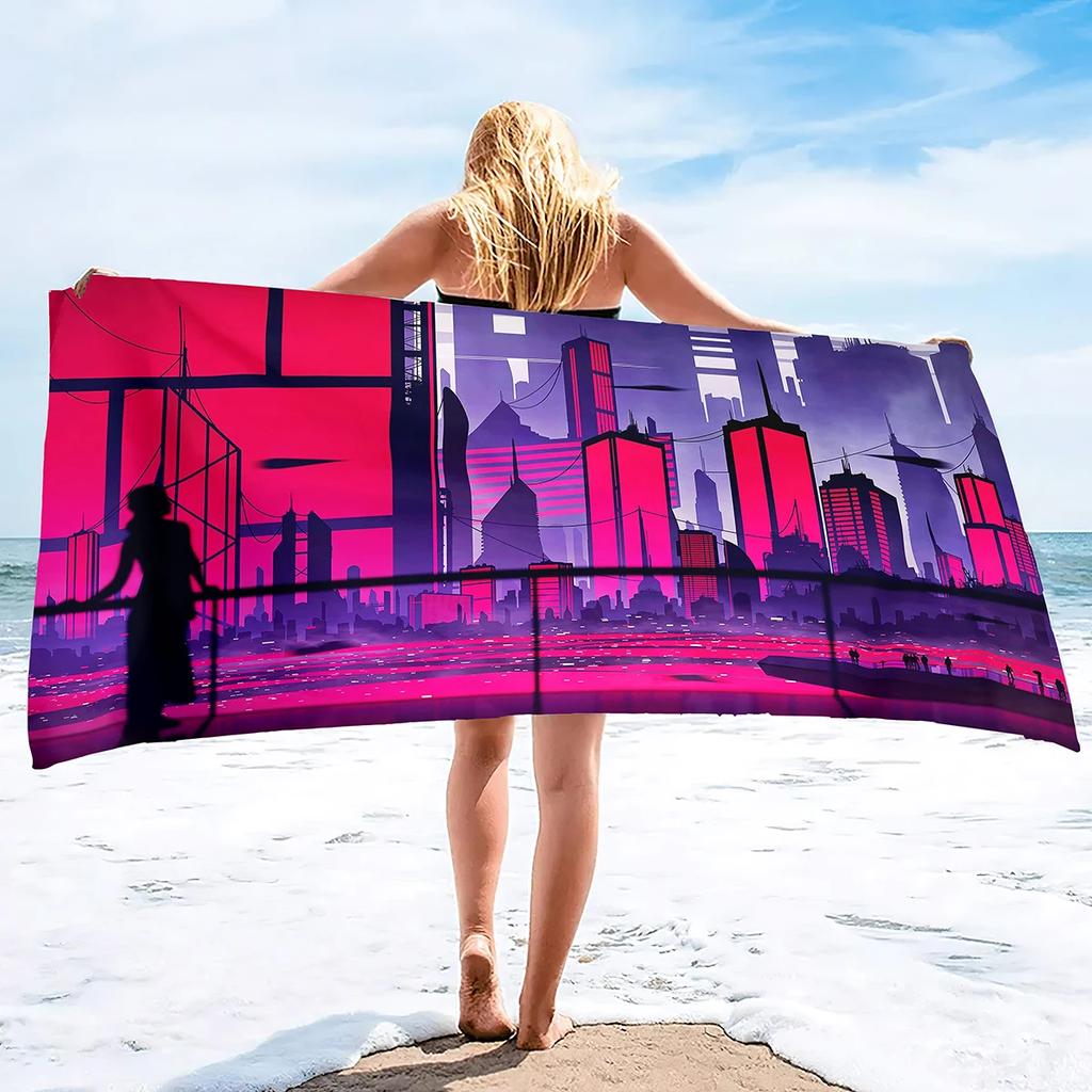 Cyber Style City Night Scene Sand Towel Beach Blanket Sand Free Microfiber Quick Drying Swimming Pool Towels Camping Towels