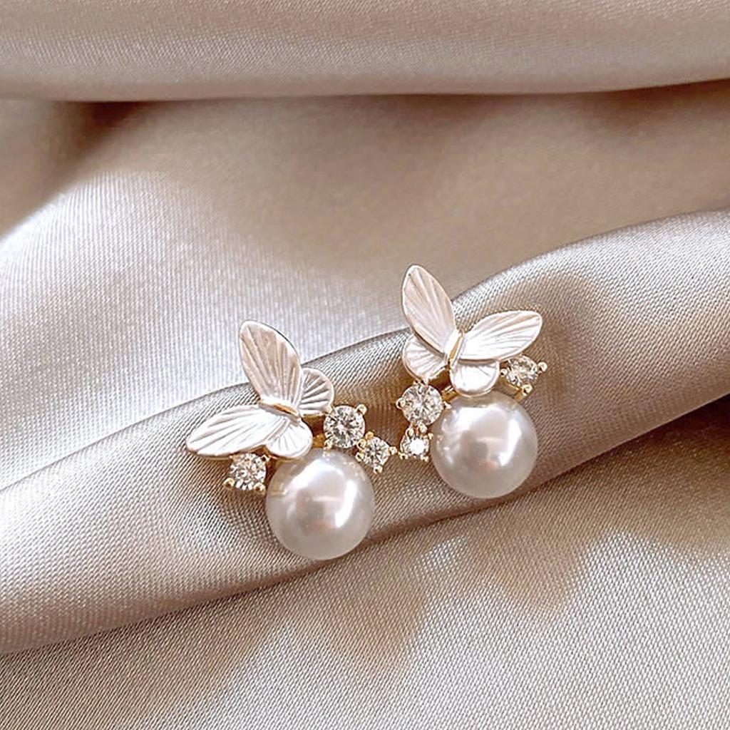 Exquisite Design Butterfly Pearl Stud Earrings French Gentle Flash Diamond Earrings Women's Light Luxury Niche High-end Ear Jewelry