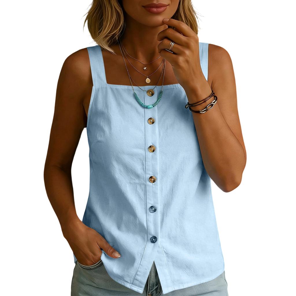 Women's Summer Fashion Color Square Neck Loose Sleeveless Button Vest Shirt Pullover Top