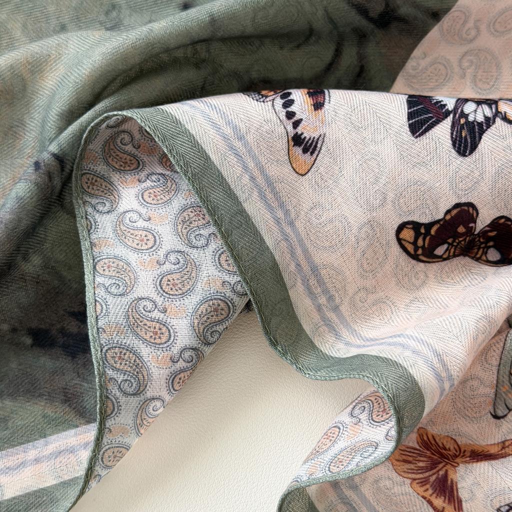 Green National Style Butterfly Cotton and Linen Small Square Scarf Scarf Silk Scarf Women's New Cashew Nut Flower Versatile Neck Protection High-end